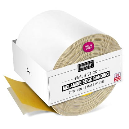 3" Matt White Peel & Stick Melamine Edge Banding, 25 ft - size: 3 inch