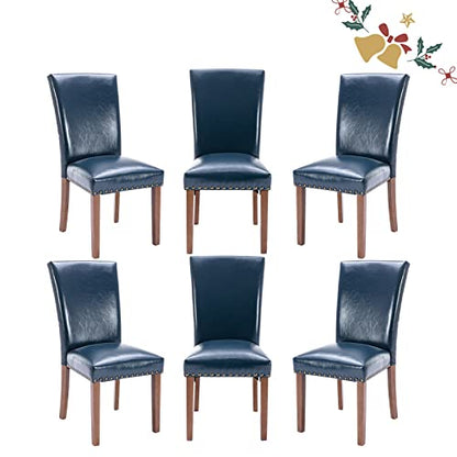 Parsons Dining Chairs Set of 6, Upholstered Nailhead PU Leather Dining Room Kitchen Side Chair with Thick Cushions and Wood Legs, Blue - color: Blue, size: set of 6