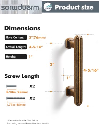 SORWDUREM 10 Pack 3 Inch(76mm) Antique Brass Cabinet Pulls Drawer Pulls Kitchen Hardware Cupboard Kitchen Hardware Cabinet Handles - color: Antique Brass, size: 3"(76mm) Hole Center