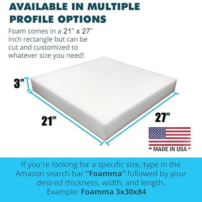 FOAMMA 3" x 21" x 27" High Density Upholstery Foam Cushion (Seat Replacement, Upholstery Sheet, Foam Padding) Made in USA - color: High Density, size: 3" x 21" x 27"