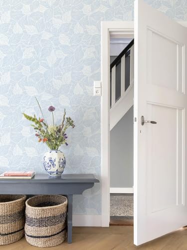 Dimoon Blue Peel and Stick Wallpaper Geometric Contact Paper for Bathroom Kitchen Striped Botanical Stick on Wall Paper Leaf Boho Removable Wallpaper Renter Friendly Vinyl Waterproof 17.3''x78.7'' - color: Blue and White, size: 17.3" x 78.7"