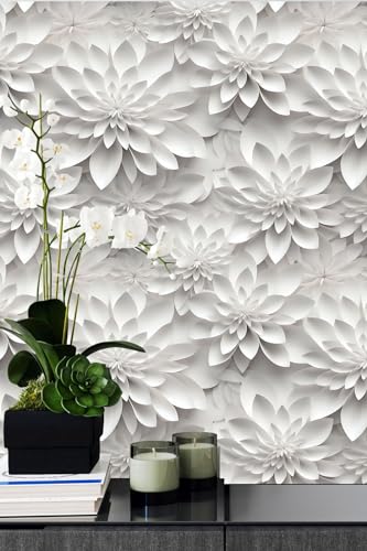 White Gray Lotus Floral Peel and Stick Wallpaper Visual 3D Effect - color: White& Gray, size: 17.7" x 118"
