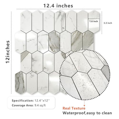 Vamos Tile Long Hexagon Peel and Stick Backsplash Tile - 10 Sheets Stick on Backsplash for Kitchen and Bathroom 12.4 x 12 Inch Glossy Carrara White PVC Self Adhesive Mosaic Wall Tiles - color: Glossy Carrara White