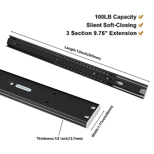 LONTAN 2 Pairs Black Soft Close Drawer Slides 12 Inch Heavy Duty Runners - color: Black, size: 12 Inch