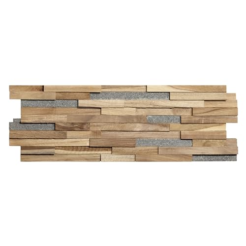 Bare Decor EZ-Wall Mosaic 3D Pattern with Stone Accents Tile in Solid Teak Wood Natural Finish, Set of 10 - size: 10 Sq Ft W/Stone