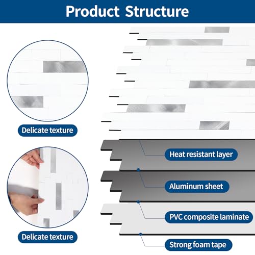 Yipscazo Peel and Stick Stone Metal Backsplash, Stick on Tiles for Backsplash Kitchen (5 Pack, Pure White) - color: Pure White