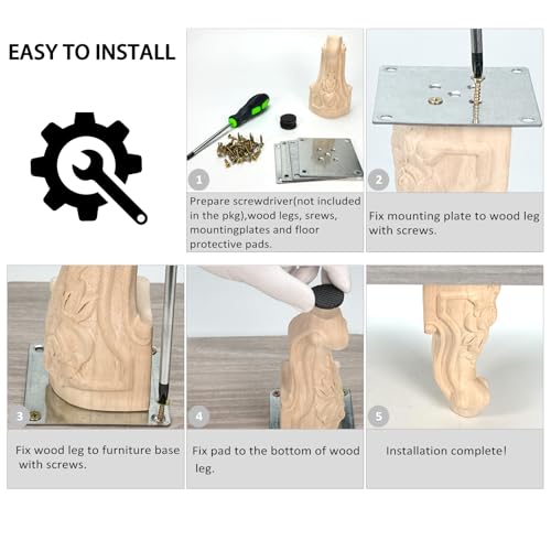 Wooden Furniture Legs with Mounting Plates Screws Set of 4 4 Inch Solid Wood Unfinished Rose European Style Replacement Furniture Feet for Couch Cabinet Sofa Ottoman TV Stand Home DIY Projects (4inch)