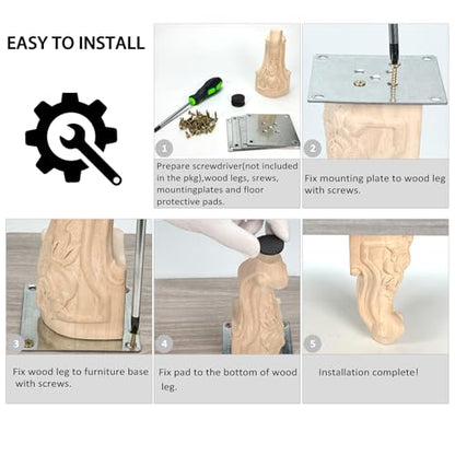 Wooden Furniture Legs with Mounting Plates Screws Set of 4 4 Inch Solid Wood Unfinished Rose European Style Replacement Furniture Feet for Couch Cabinet Sofa Ottoman TV Stand Home DIY Projects (4inch)