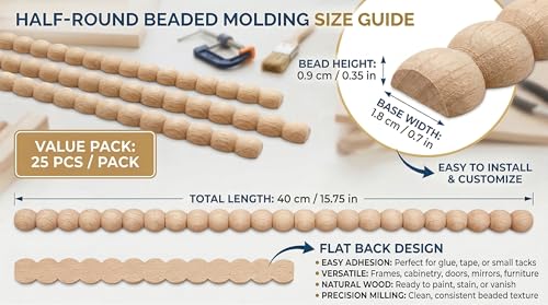 25 Pcs 15.75 Inch Unfinished Half Wood Bead Trim, 393.7 Inch Total Length, 18mm Wide 3D Pearl Molding Includes a 1.5M Tape Measure for DIY Home Wall Cabinet Shelf Window Door Decoration