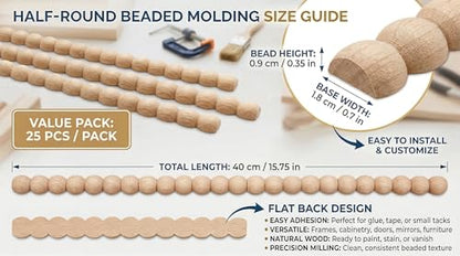 25 Pcs 15.75 Inch Unfinished Half Wood Bead Trim, 393.7 Inch Total Length, 18mm Wide 3D Pearl Molding Includes a 1.5M Tape Measure for DIY Home Wall Cabinet Shelf Window Door Decoration
