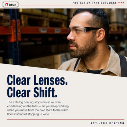 LIBUS Eco Line Safety Glasses: Anti-scratch, EN166/UV Prot., Unisex. Polycarbonate for front/side impact & dust. Cat eye. - color: Clear Hc