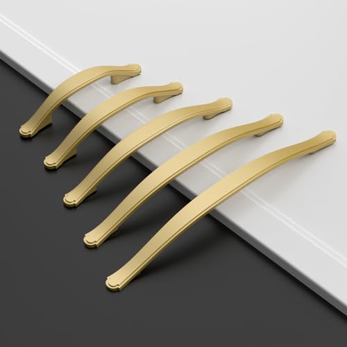 Amerdeco 10 Pack Brushed Gold Cabinet Pulls 5 Inch(128mm) Hole Center Drawer Pulls Cabinet Hardware Kitchen Cabinet Handles for Bathroom Dresser Pulls ZH0068 - color: Brushed Gold, size: 5"/128MM Hole Center