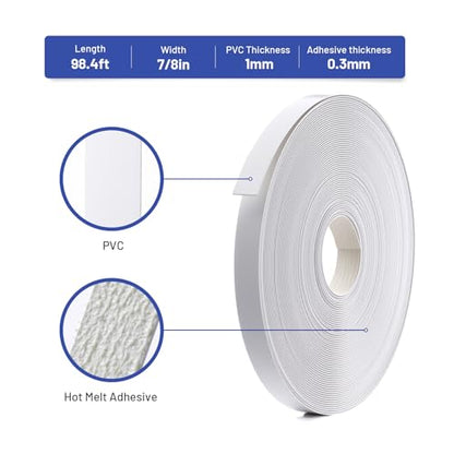 PVC Edge Banding 7/8 inch x 100ft Veneer Edge Banding White with Hot Melt Adhesive Pre - glued Iron on Edging Tape Trim for Cabinet Plywood Repairs and Furniture Restoration - size: 7/8 inch x 100ft