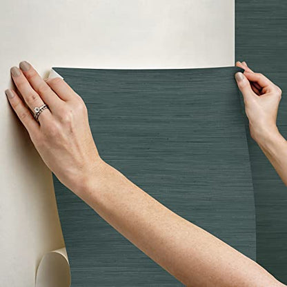 NuWallpaper x Society Social Peacock Classic Faux Grasscloth Peel & Stick Wallpaper, Teal - color: Teal
