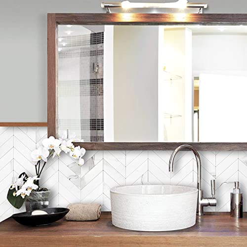 STICKGOO Herringbone Tile Peel and Stick Backsplash for Kitchen&Bathroom - color: White Marble