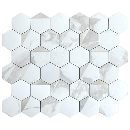 DICOFUN 1-Sheet White Hexagon Tile Peel and Stick Backsplash, Marble Look PVC Mixed Silver Metal Mosaic Tiles for Kitchen and Bathroom - color: White Marble + Silver Metal Chip, size: 1 Sheet, 12''x12''x0.12''