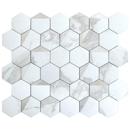 DICOFUN 1-Sheet White Hexagon Tile Peel and Stick Backsplash, Marble Look PVC Mixed Silver Metal Mosaic Tiles for Kitchen and Bathroom - color: White Marble + Silver Metal Chip, size: 1 Sheet, 12''x12''x0.12''
