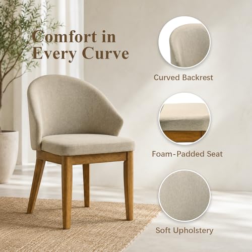 Dining Chairs Set of 4, Modern Fabric Upholstered Wooden Kitchen Chairs with Curved Backrest, Thick Cushion, Tapered Wood Legs, Walnut Finish - color: Walnut, size: Set of 4