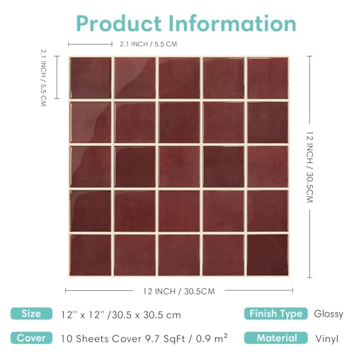 Commomy Thicker Red Peel and Stick Tiles - 10 pcs of 12" x 12" - color: Square Red & Thicker Design