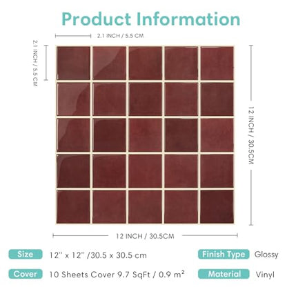 Commomy Thicker Red Peel and Stick Tiles - 10 pcs of 12" x 12" - color: Square Red & Thicker Design