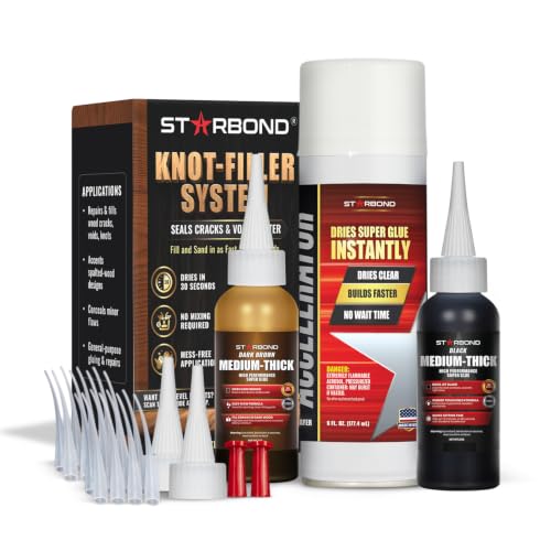 STARBOND Knot Filler System – 2 oz Black and 2 oz Brown Medium-Thick CA Glue with 6 oz Accelerator Spray – Instant Crack & Void Repair for Woodworking, Woodturning, Sandable Finish - color: Black + Brown, size: 2 ounces, 6 ounces