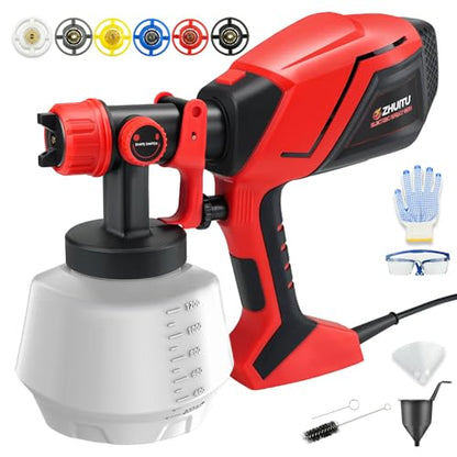 Paint Sprayer 1000W HVLP Electric Spray Paint Gun with 6 Copper Nozzles and 3 Spray Patterns 1200ML High Capacity Container for Furniture, Fences, Walls, Garage Doors (Red) - color: Red