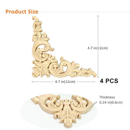 Wood Appliques 4PCS 4.7in Corner Onlays Carved Furniture Cabinet Decor - size: 4.7 inch