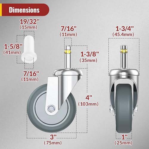 HOLKIE Stem Caster Wheels 3 inch Casters Set of 4, 7/16-Inch Stem Diameter Swivel Castors Heavy Duty TPR Rubber Replacement Castor for Cart, Stool, Mop Bucket, Grill, Shop Vac - style: 3 inch-165LBS( No Brake)