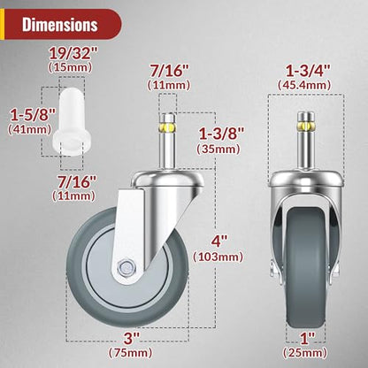HOLKIE Stem Caster Wheels 3 inch Casters Set of 4, 7/16-Inch Stem Diameter Swivel Castors Heavy Duty TPR Rubber Replacement Castor for Cart, Stool, Mop Bucket, Grill, Shop Vac - style: 3 inch-165LBS( No Brake)