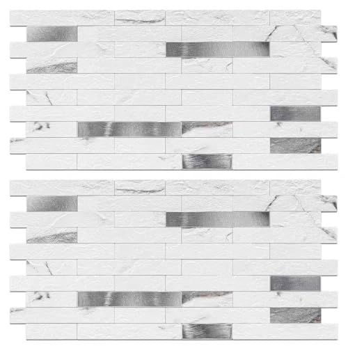 Peel and Stick Backsplash Tile Waterproof Removable PVC Wall Sticker 3D Faux Stone Marble Brick White Accent Panels (Rough White Marble - Metal Silver, 20 Tiles - 9 sq. ft. (0.84 M²)) - color: Rough White Marble - Metal Silver, size: 20 Tiles - 9 sq. ft.