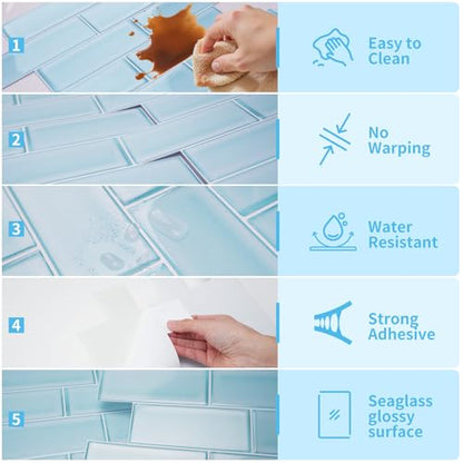 Art3d Seaglass Subway Design Peel and Stick Backsplash, 10-Pack, Aqua Blue - color: Aqua Blue
