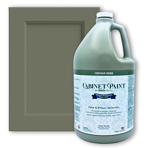 Bathworks Kitchen Cabinet Paint - Satin, Pro-Grade Formula by Refinishing Pros Since 1972, Low-VOC, Scrub Resistant, for Wood, Laminate & MDF Cabinets, Vanities, Furniture (Vintage Herb, 1 Gallon) - color: Vintage Herb, size: 128 Fl Oz (Pack of 1)