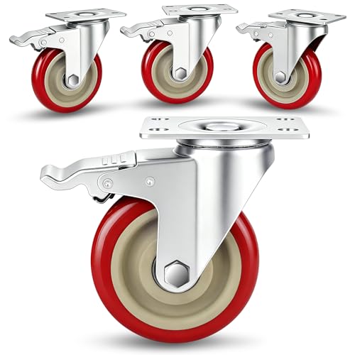 4 Inch Caster Wheels Set of 4, Heavy Duty Swivel Rolling with Brake - color: Red