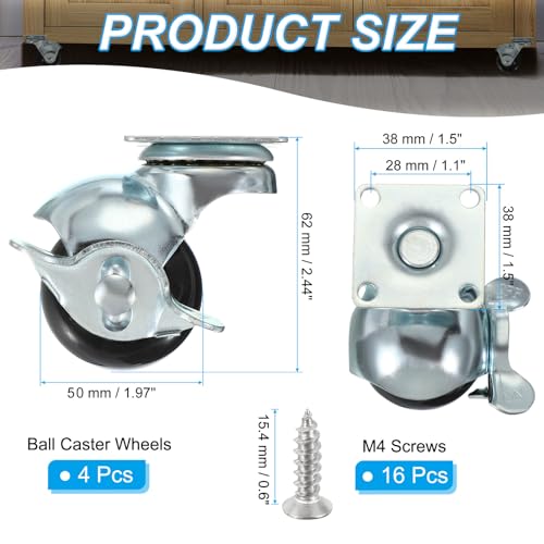 PATIKIL 2 Inch Ball Caster Wheels with Brake, 4 Pack 360° Rotating Swivel Top Plate Wheels 397 lbs Total Capacity Locking Caster with M4 Screws for Furniture Table Cabinet Silver - color: Silver, size: 2 Inch