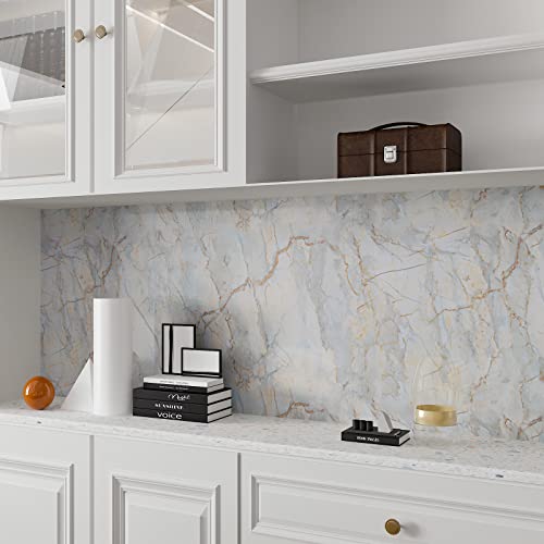 CRE8TIVE Glossy Cyan Gold Cracked Marble Contact Paper 12"x354" Thick Wallpaper Peel and Stick Countertops Waterproof Removable Self Adhesive Marble Vinyl Roll for Bathroom Kitchen Cabinets - size: 12"W x 354"L