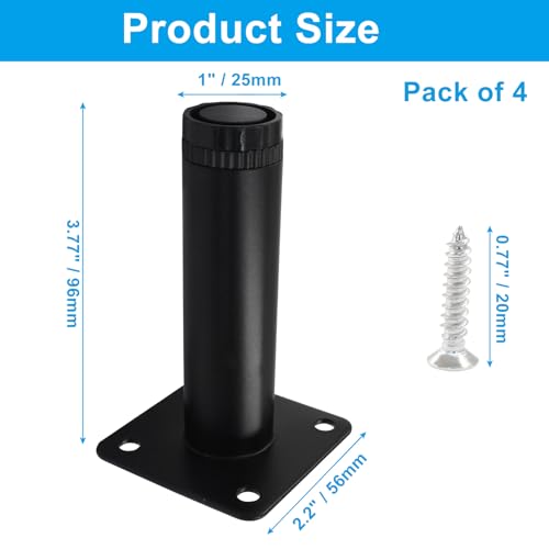 4 Inch Adjustable Metal Furniture Legs 4 Pack Black with Screws - size: 4 inches