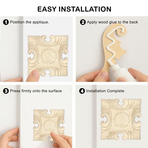 4 Pcs Decorative Wood Flower Carved Appliques Onlays Decals, 4 x 4 Inch Unpainted Solid Wooden Square Carving Decal Trim Applique for Furniture Cabinet Closet Decoration - size: 4 x 4inch-4pcs