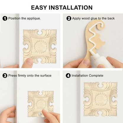 4 Pcs Decorative Wood Flower Carved Appliques Onlays Decals, 4 x 4 Inch Unpainted Solid Wooden Square Carving Decal Trim Applique for Furniture Cabinet Closet Decoration - size: 4 x 4inch-4pcs