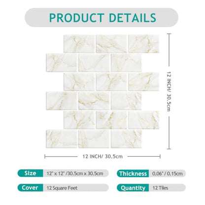 VEELIKE Peel and Stick Backsplash Tile White Gold Marble Subway Peel and Stick Tile for Kitchen Bathroom 12" x 12" Waterproof Renter Friendly Sticky Back Splash Wall Tiles - size: Box of 12 Tiles