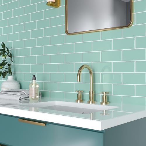 VEELIKE Aqua Green Subway Peel and Stick Backsplash Tile 24 Sheets Back Splashes for Kitchens Peel and Stick Green Wall Tiles 12''x12'' Waterproof Adhesive Backsplash Tiles for Bathroom Laundry Room - size: Box of 24 Tiles