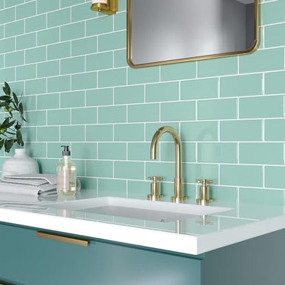 VEELIKE Aqua Green Subway Peel and Stick Backsplash Tile 24 Sheets Back Splashes for Kitchens Peel and Stick Green Wall Tiles 12''x12'' Waterproof Adhesive Backsplash Tiles for Bathroom Laundry Room - size: Box of 24 Tiles