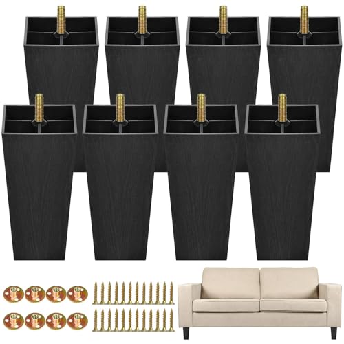 TURSTIN 8 Pack 5.7 Inch Furniture Legs Plastic Sofa Couch Legs Square Tapered Feet Sofa Legs with M8 T-Nuts Screws for Legs Sofas Chairs Cabinets Dressers Beds, Black - size: 5.7 Inches