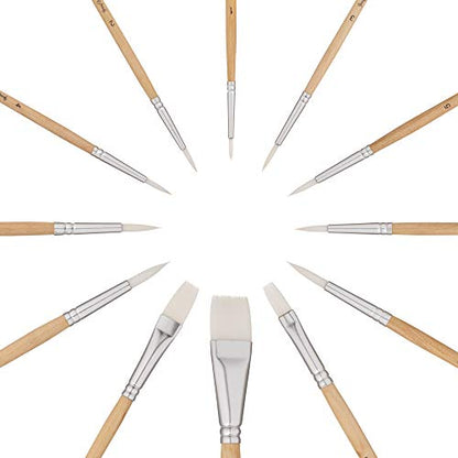 Jerry Q Art 12 PC White Synthetic Hair Round and Flat Paint Brush Set with Short Wood Handle for Acrylic, Watercolor and All Media JQ17931