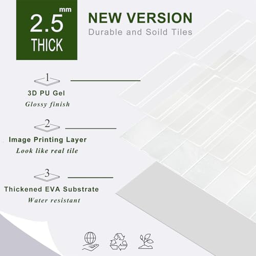 STICKGOO 10-Sheet Peel and Stick Backsplash Tile(Thicker Design) - color: Faux White Wall