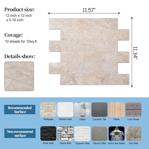 2026 New Upgrade Peel and Stick Backsplash Tile, Peel and Stick 11.34" X 11.57" Wall Tile for Kitchen, Bathroom, Fireplace, Laundry (Beige Stone Rocks, 10 Packs) - color: Beige Stone Rocks