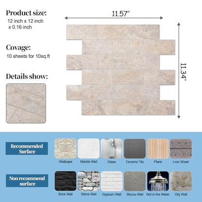 2026 New Upgrade Peel and Stick Backsplash Tile, Peel and Stick 11.34" X 11.57" Wall Tile for Kitchen, Bathroom, Fireplace, Laundry (Beige Stone Rocks, 10 Packs) - color: Beige Stone Rocks