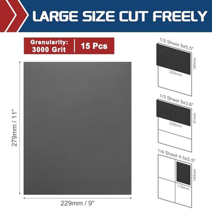 15Pcs Sand Papers 9x11In 3000 Grit Sandpaper Sheets Silicon Carbide - size: 3000 Grit