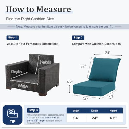 ZCUBED Luxury 6.2" Thick Outdoor Chair Cushions 2 Set - 24 x24 Inch 30D Sponge Filling Fade-Resistant Chair Cushion,Water Resistant & Removable Cover Patio Furniture Replacement Cushion,Peacock Blue - color: Peacock Blue, size: 24"x24" Extra Thick