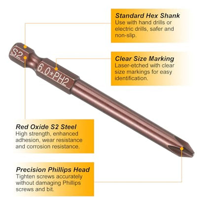 HARFINGTON 5pcs #2 Phillips Screwdriver Bit PH2 1/4" Hex Shank 3" (75mm) Long 0.24" Rod Magnetic Cross Head Drive Drill Bits S2 Steel Industrial Screw Driver Electric Power Tool, Brown - size: PH2 x 3" x 0.24"
