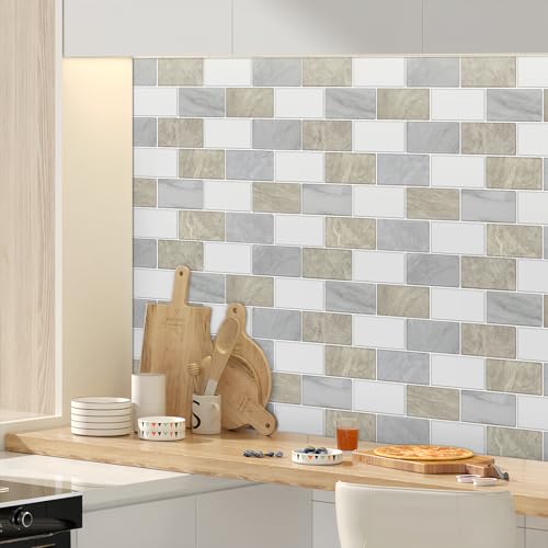 10 Sheets Peel and Stick Backsplash for Kitchen 12"X12" Renter Friendly Backsplash Back Splash Adhesive Subway Wall for Bathroom Cream White & Light Gray Marble Tile Sticker（Not 3D Tile